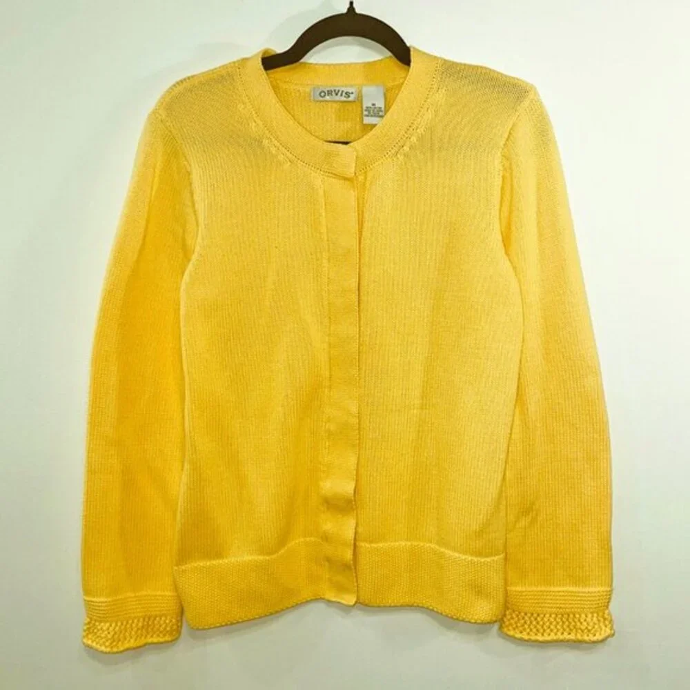 Vintage 100% Cotton Snap-Front Crochet Cuff Cardigan Yellow Medium
